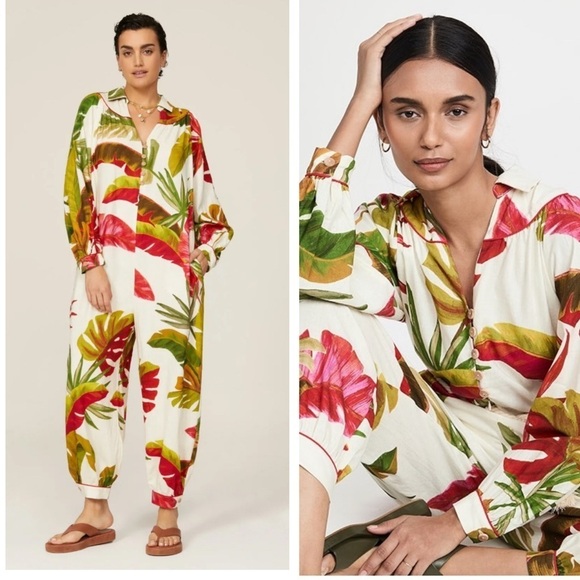 Farm Rio Spring Forest Linen Blend Floral Tropical Resort Jumpsuit - Picture 1 of 9
